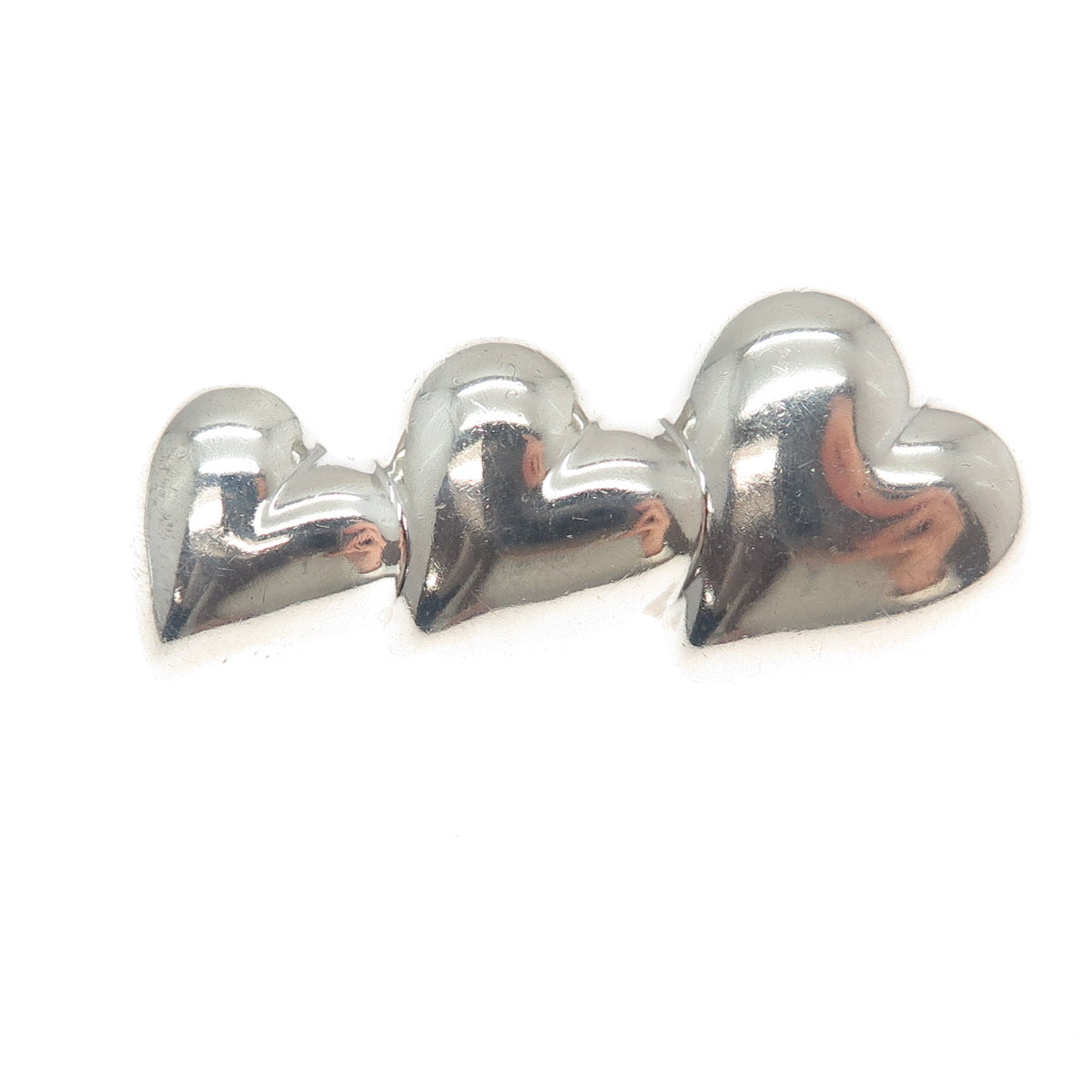 925 Sterling Silver Vintage Graduated Puffy Three Hearts Pin Brooch