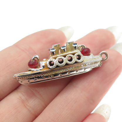 925 Sterling Silver Antique Art Deco Enamel Rhinestone Glass Ship Charm Pendant