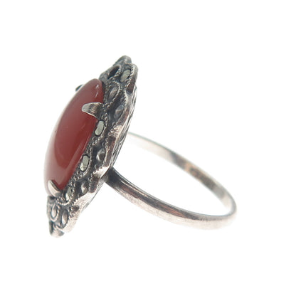 925 Sterling Silver Antique Carnelian Marcasite Ring Size 6.25 (missing 1 stone)
