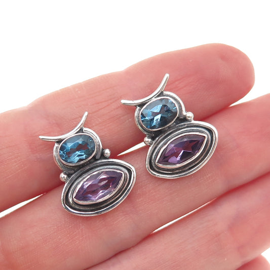 925 Sterling Silver Vintage Real Amethyst & Blue Topaz Modernist Earrings