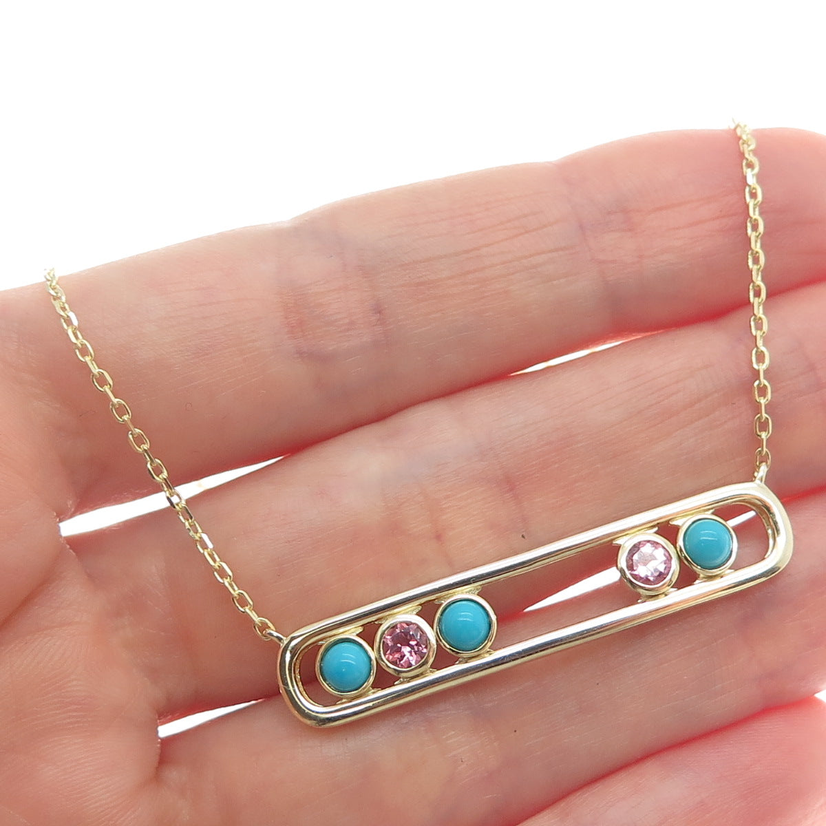 DSMK 925 Sterling Gold Plated Real Turquoise & C Z Cable Chain Necklace 18-20"