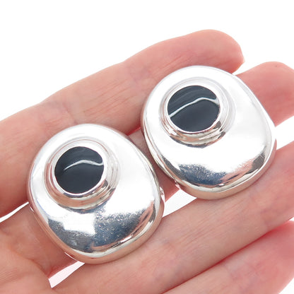 925 Sterling Silver Vintage Mexico Real Black Onyx Modernist Clip On Earrings
