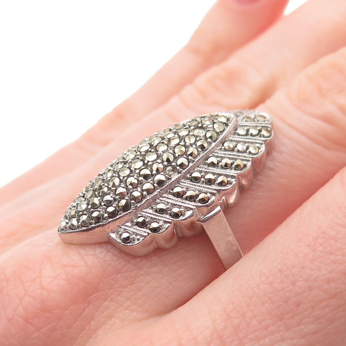 925 Sterling Antique Art Deco Real Marcasite Ring Size 7.25 (missing 3 stones)