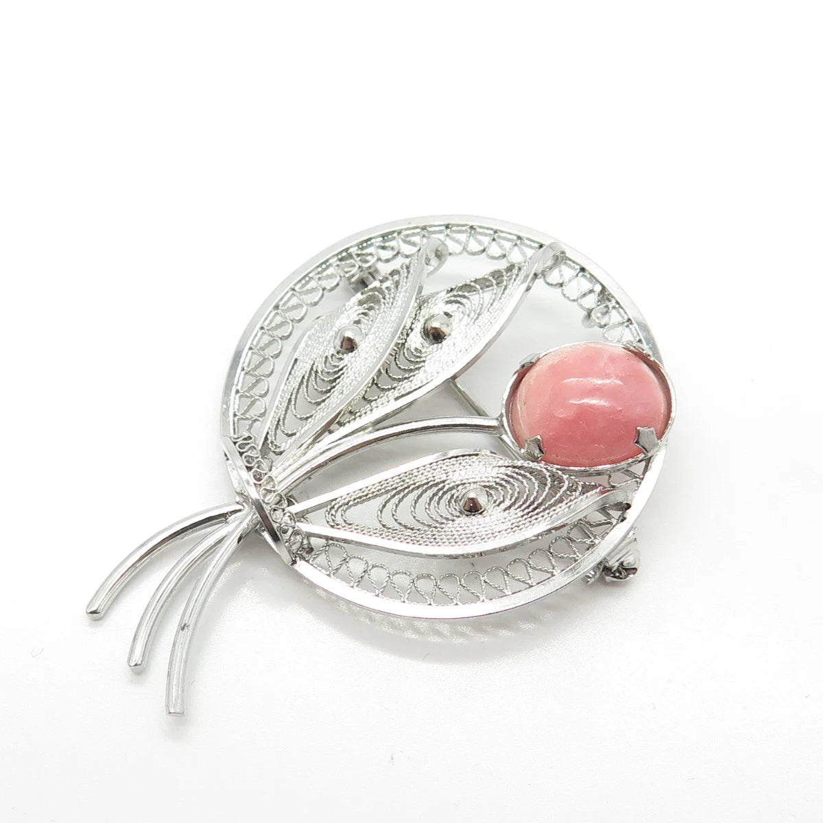 925 Sterling Silver Vintage Real Rhodochrosite Gem Leaf Filigree Pin Brooch
