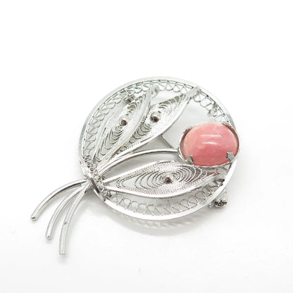 925 Sterling Silver Vintage Real Rhodochrosite Gem Leaf Filigree Pin Brooch