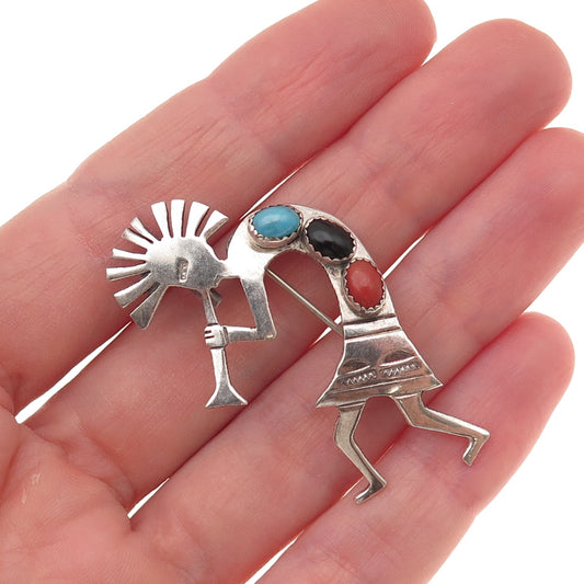 Old Pawn 925 Sterling Vintage Turquoise Lapis Coral Kokopelli Pin Brooch Pendant