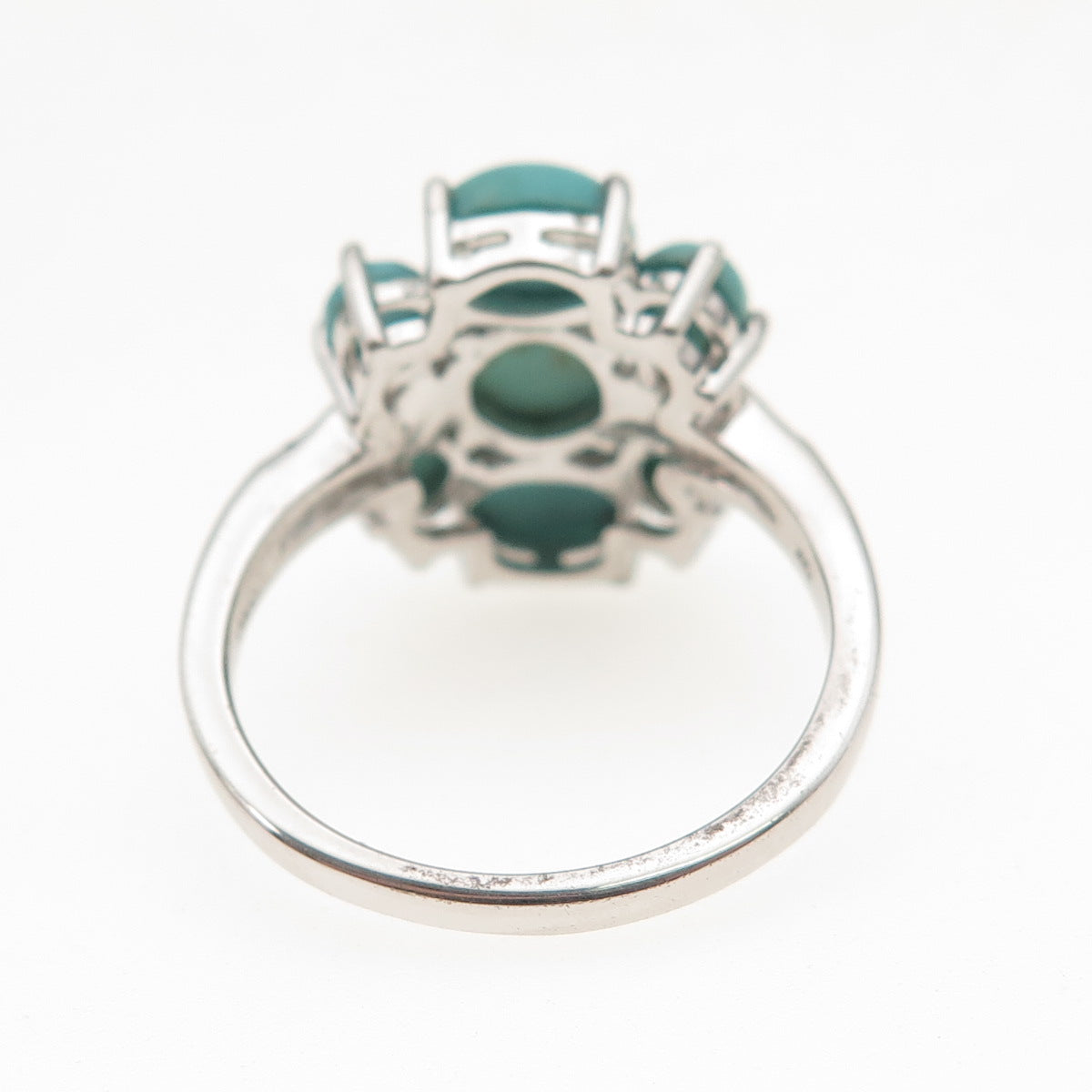 925 Sterling Silver Real Turquoise & White Topaz Floral Ring Size 8