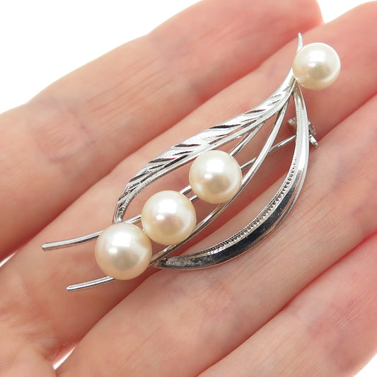 925 Sterling Silver Antique Japan Real Akoya Pearl Floral Pin Brooch