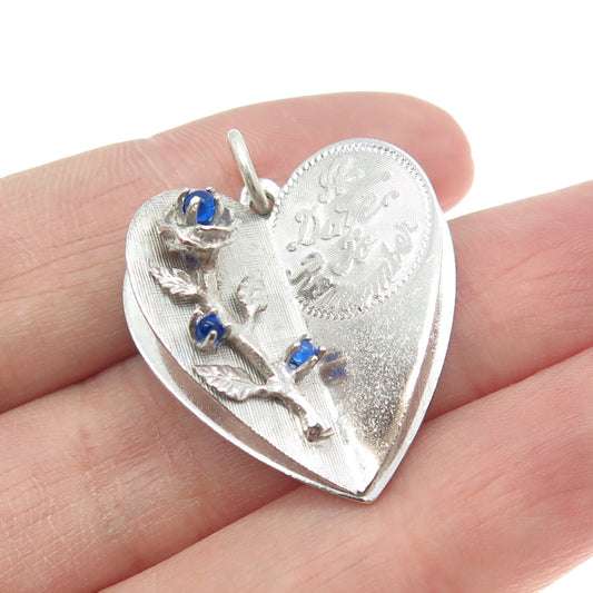 925 Sterling Silver Vintage Blue Glass "A Date to Remember" Heart Rose Pendant