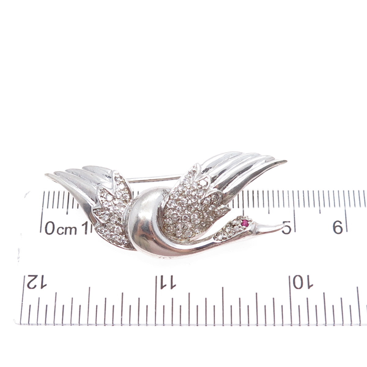 925 Sterling Silver Vintage Real Ruby & Rhinestone Swan Pin Brooch