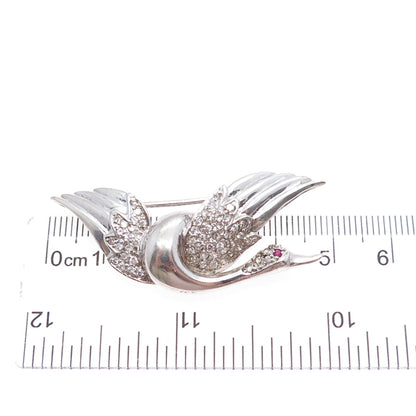 925 Sterling Silver Vintage Real Ruby & Rhinestone Swan Pin Brooch