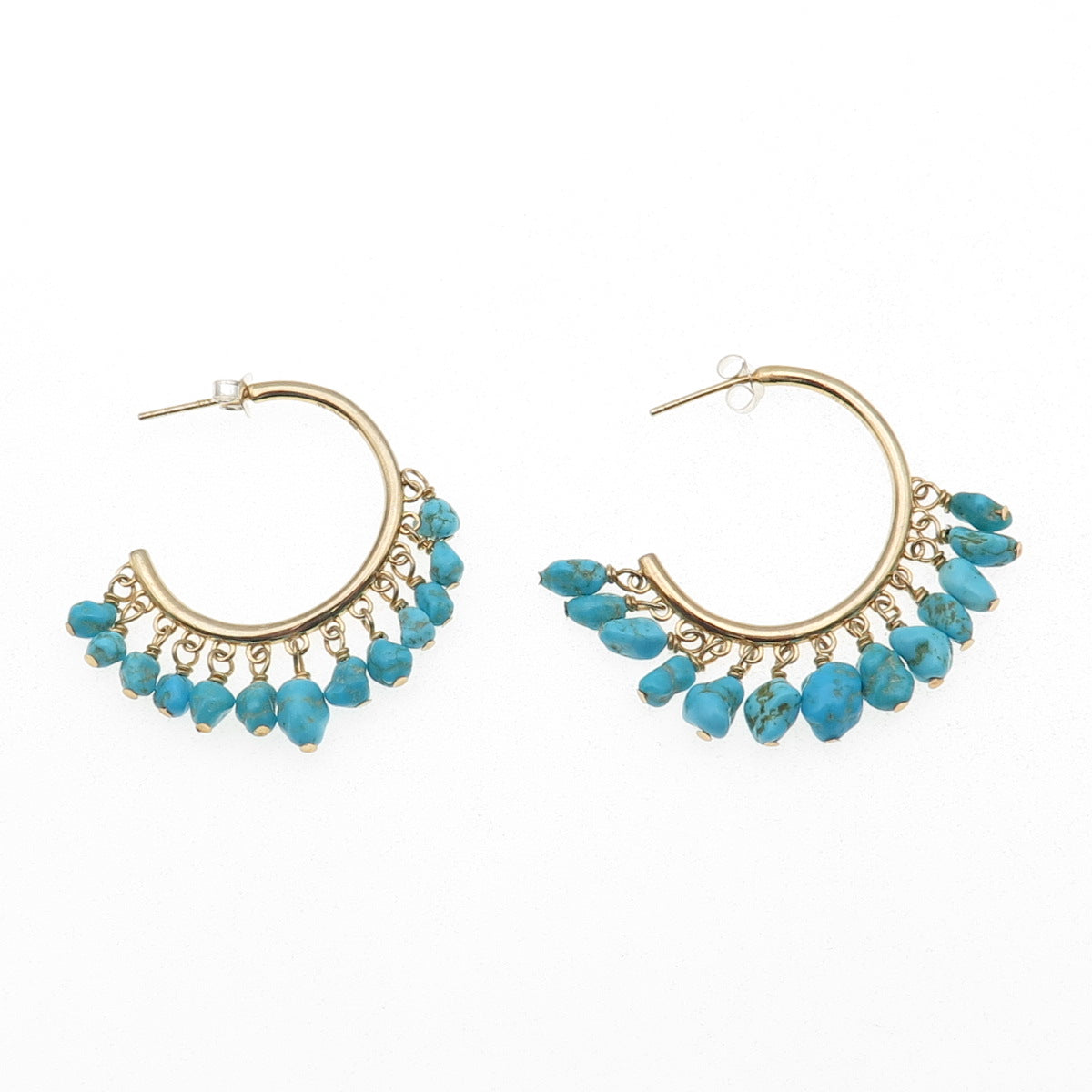 925 Sterling Silver Gold Plated Real Turquoise Beads Hoop Earrings