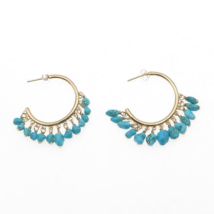 925 Sterling Silver Gold Plated Real Turquoise Beads Hoop Earrings