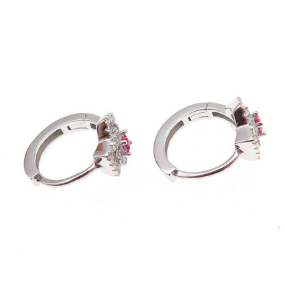 925 Sterling Silver Pink & White C Z Hoop Earrings