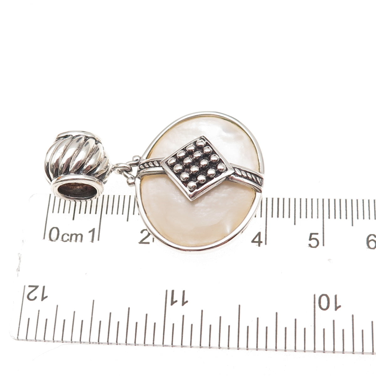925 Sterling Silver Vintage Real MOP Modernist Oxidized Slide Pendant
