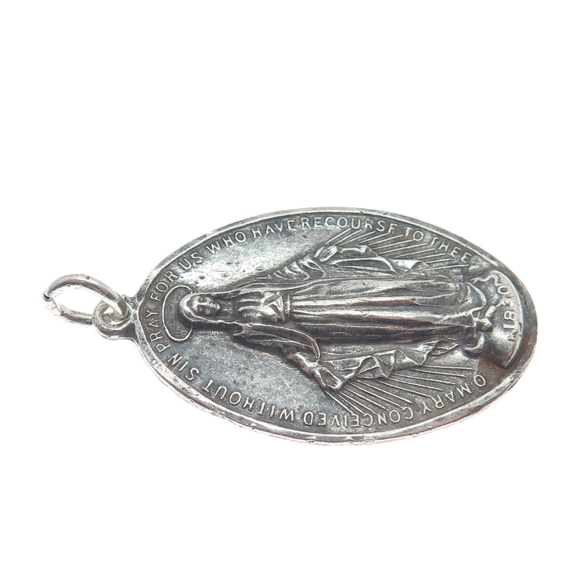 925 Sterling Silver Antique Art Deco St. Mary Religious Medal Oxidized Pendant