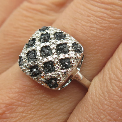 925 Sterling Silver Real Round-Cut Black Diamond Lattice Pattern Ring Size 10