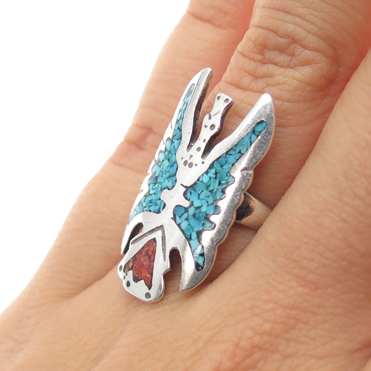 JERRY COWBOY Old Pawn 925 Sterling Turquoise Coral Inlay Peyote Ring Size 6.25