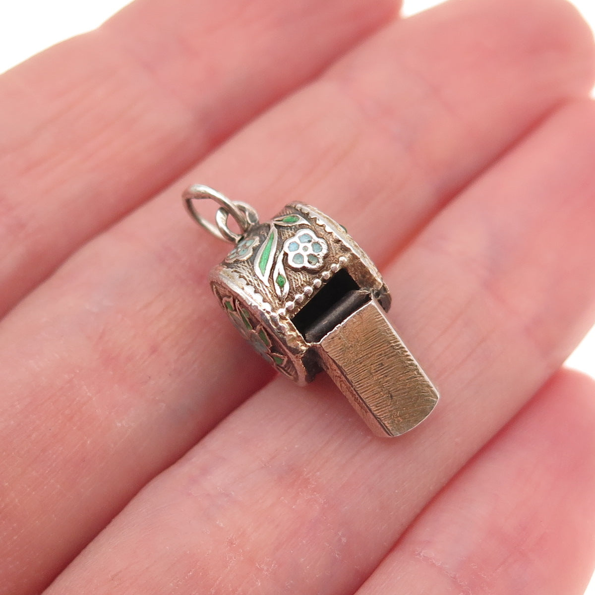 925 Sterling Silver Gold Plated Antique Art Deco Enamel Floral Whistle Pendant