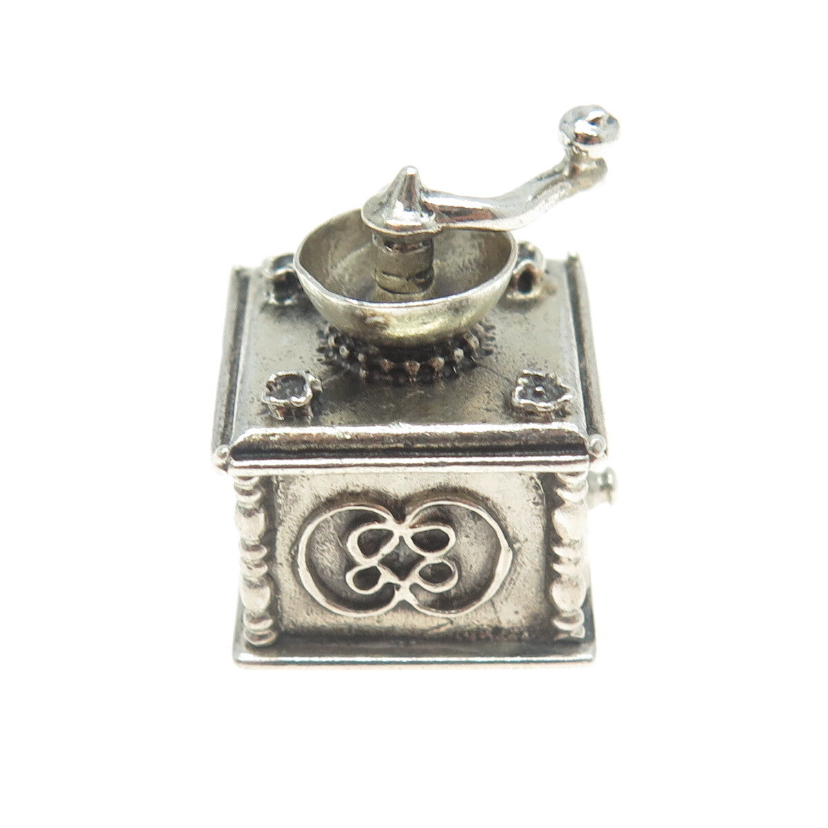 BEAU 925 Sterling Silver Antique Art Deco Coffee Grinder 3D Pendant