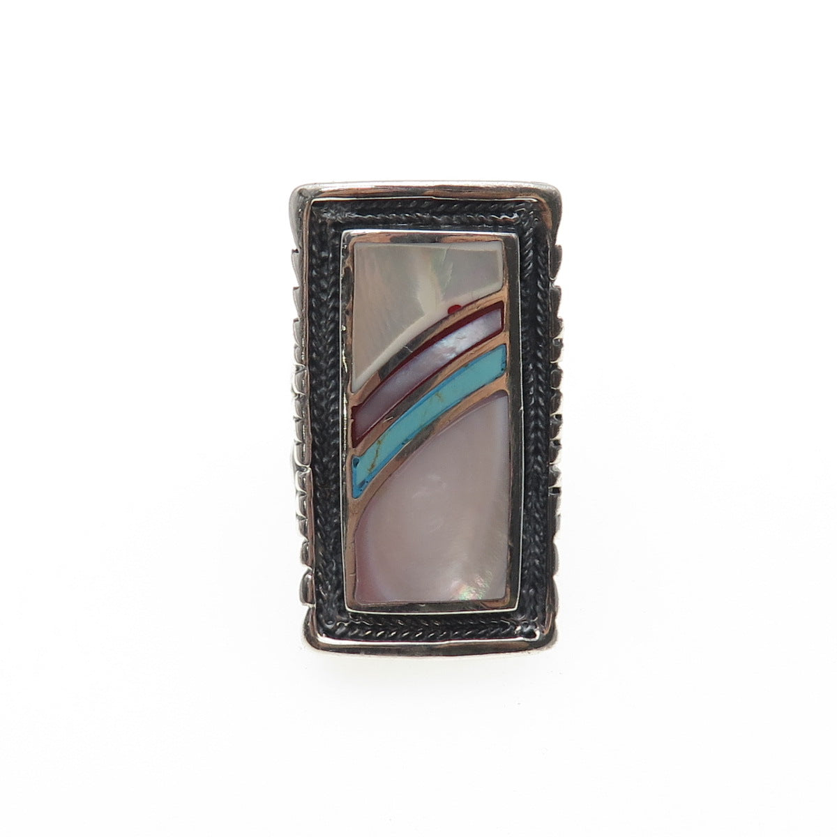 CFJ Collins Fine 925 Sterling Silver Vintage Real Turquoise & MOP Ring Size 7