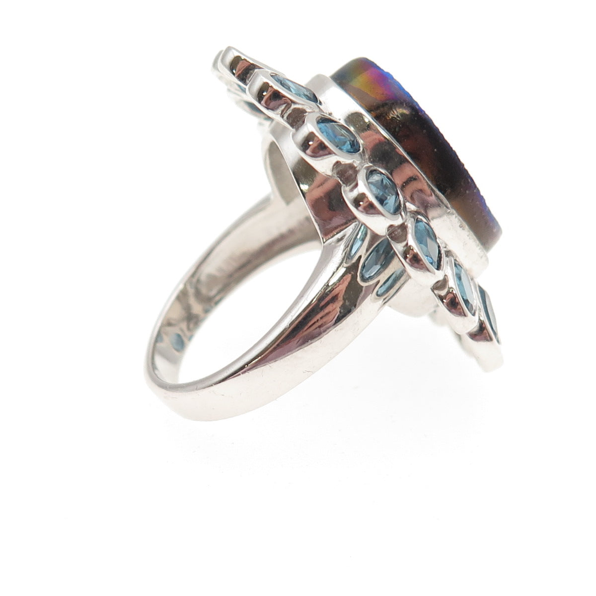 925 Sterling Silver Vintage Real Druzy & London Blue Topaz Flower Ring Size 7.25