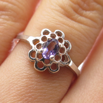 925 Sterling Silver Vintage Real Oval-Cut Amethyst Flower Ring Size 7.25