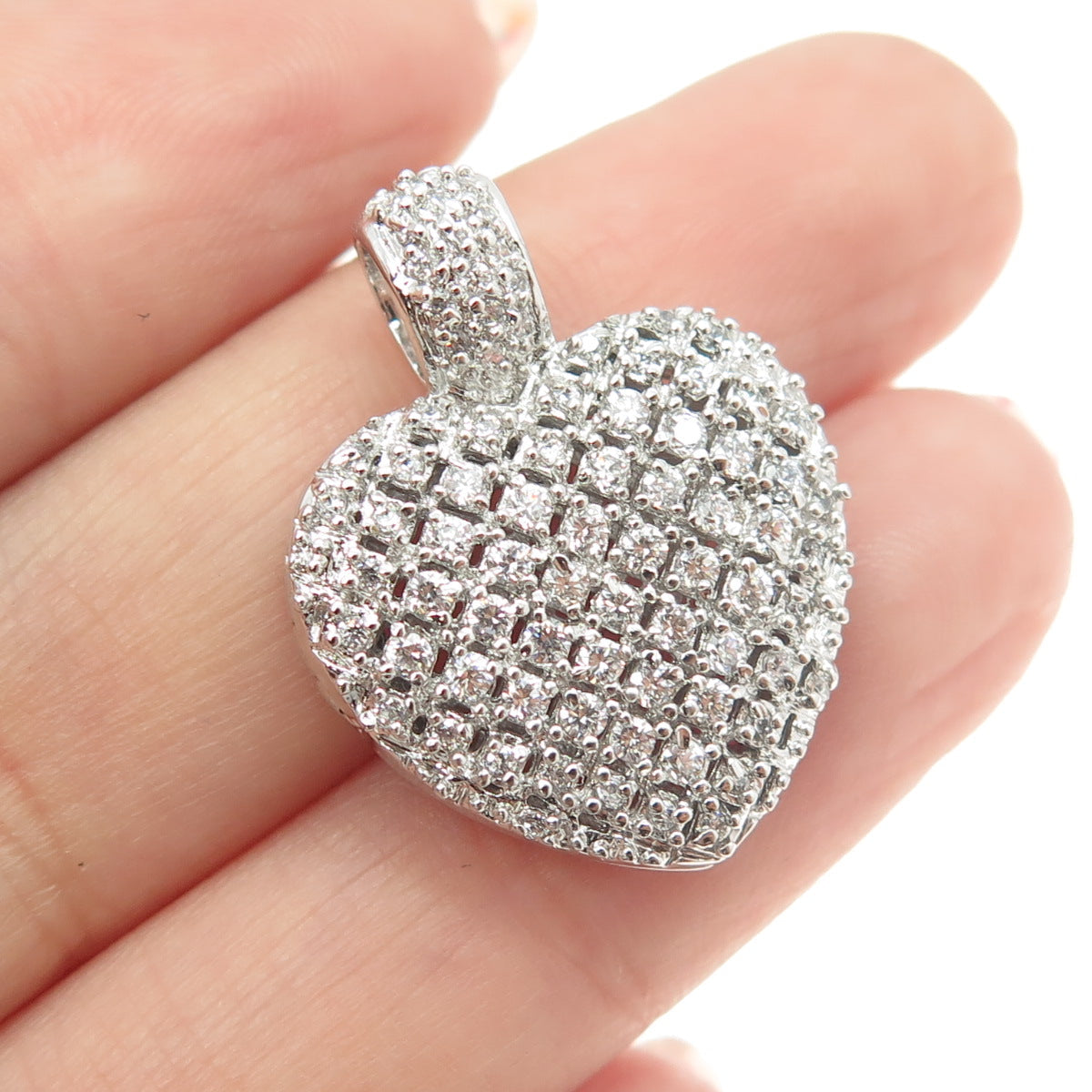 925 Sterling Silver Round-Cut C Z Heart Locket Pendant