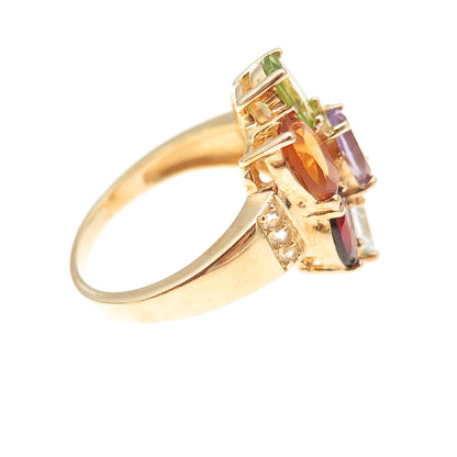 Han 925 Sterling Silver Gold Plated Real Multi-Color Gem Cluster Ring Size 8