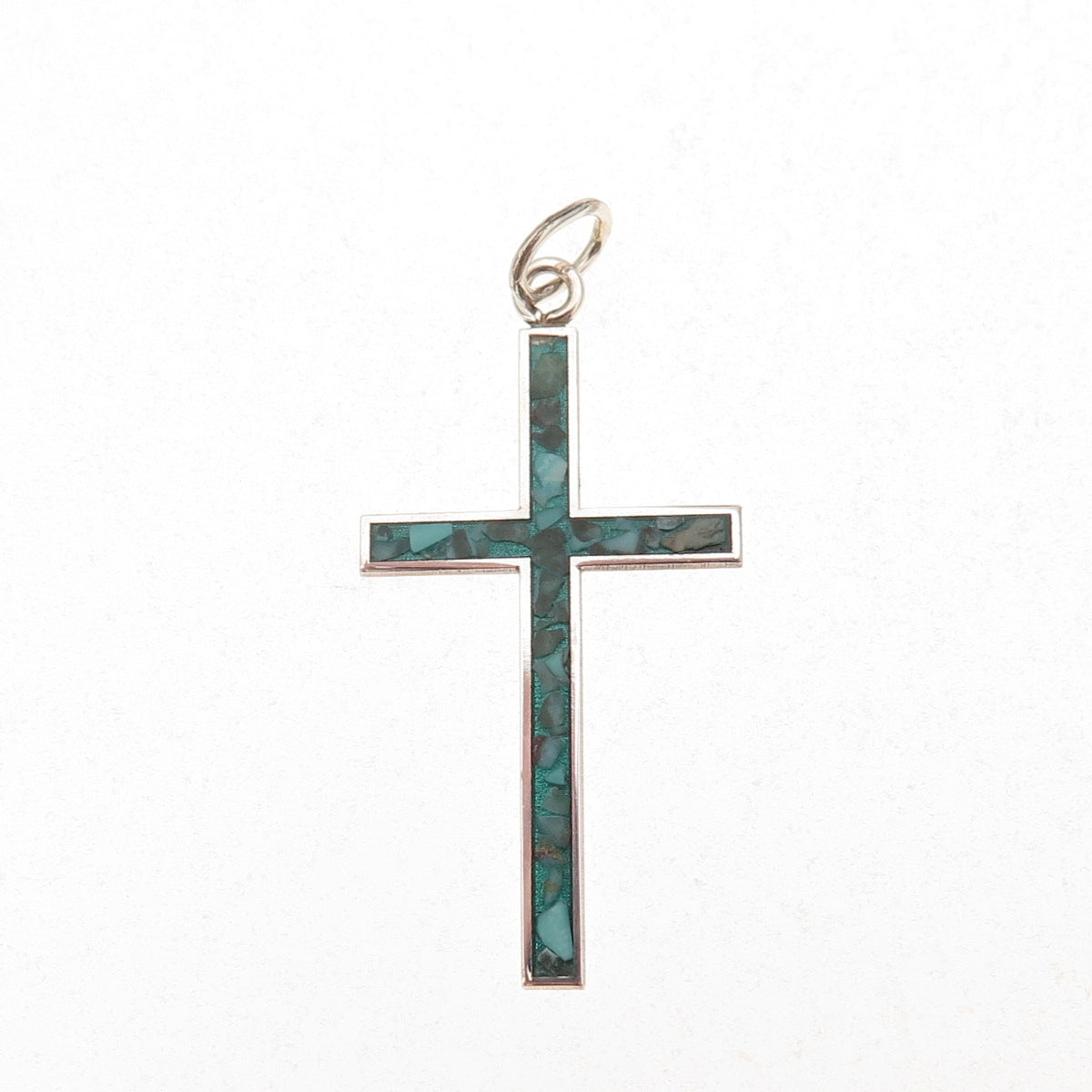 925 Sterling Silver Vintage Real Turquoise Inlay Cross Charm Pendant