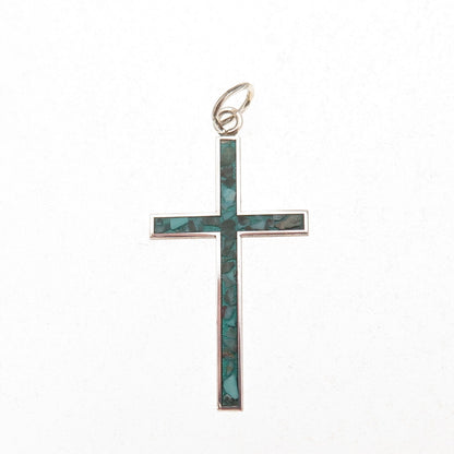 925 Sterling Silver Vintage Real Turquoise Inlay Cross Charm Pendant