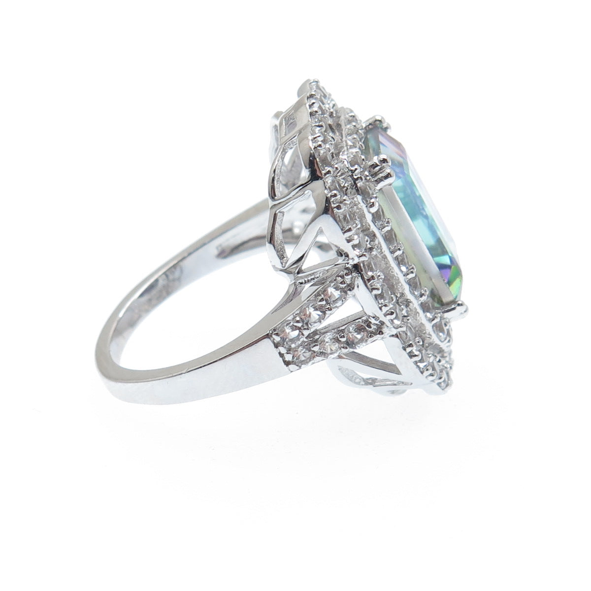 DSMK 925 Sterling Silver Real Mystic Topaz Gem & C Z Sparkle Ring Size 7.25