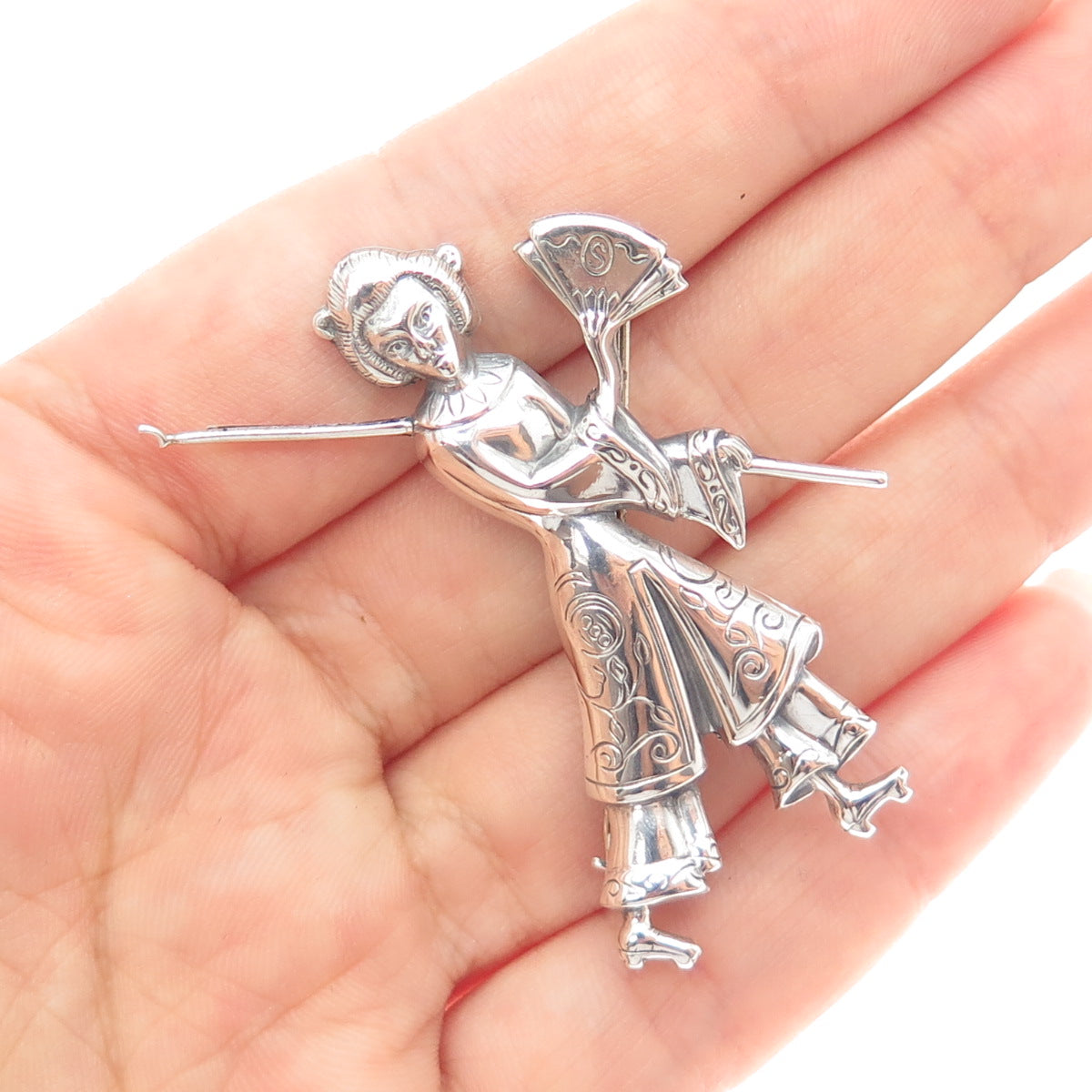LANG 925 Sterling Silver Antique Art Deco Japanese Geisha Oxidized Pin Brooch