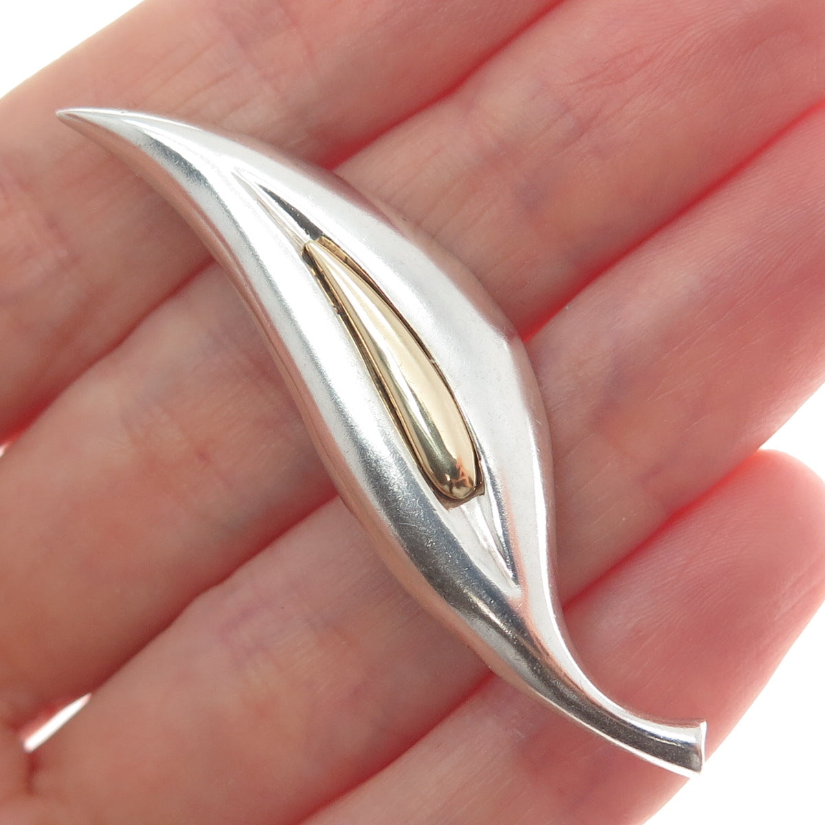 14K Yellow Gold & 925 Sterling Silver Vintage Modernist Petal Pin Brooch