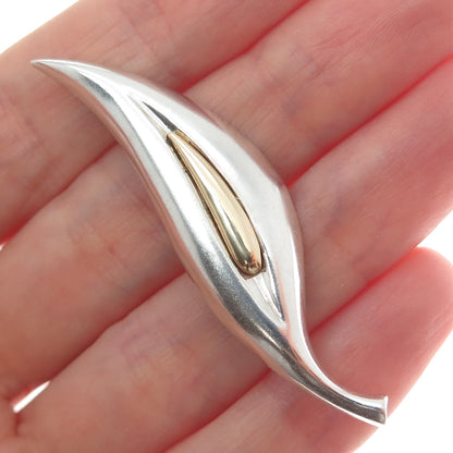 14K Yellow Gold & 925 Sterling Silver Vintage Modernist Petal Pin Brooch