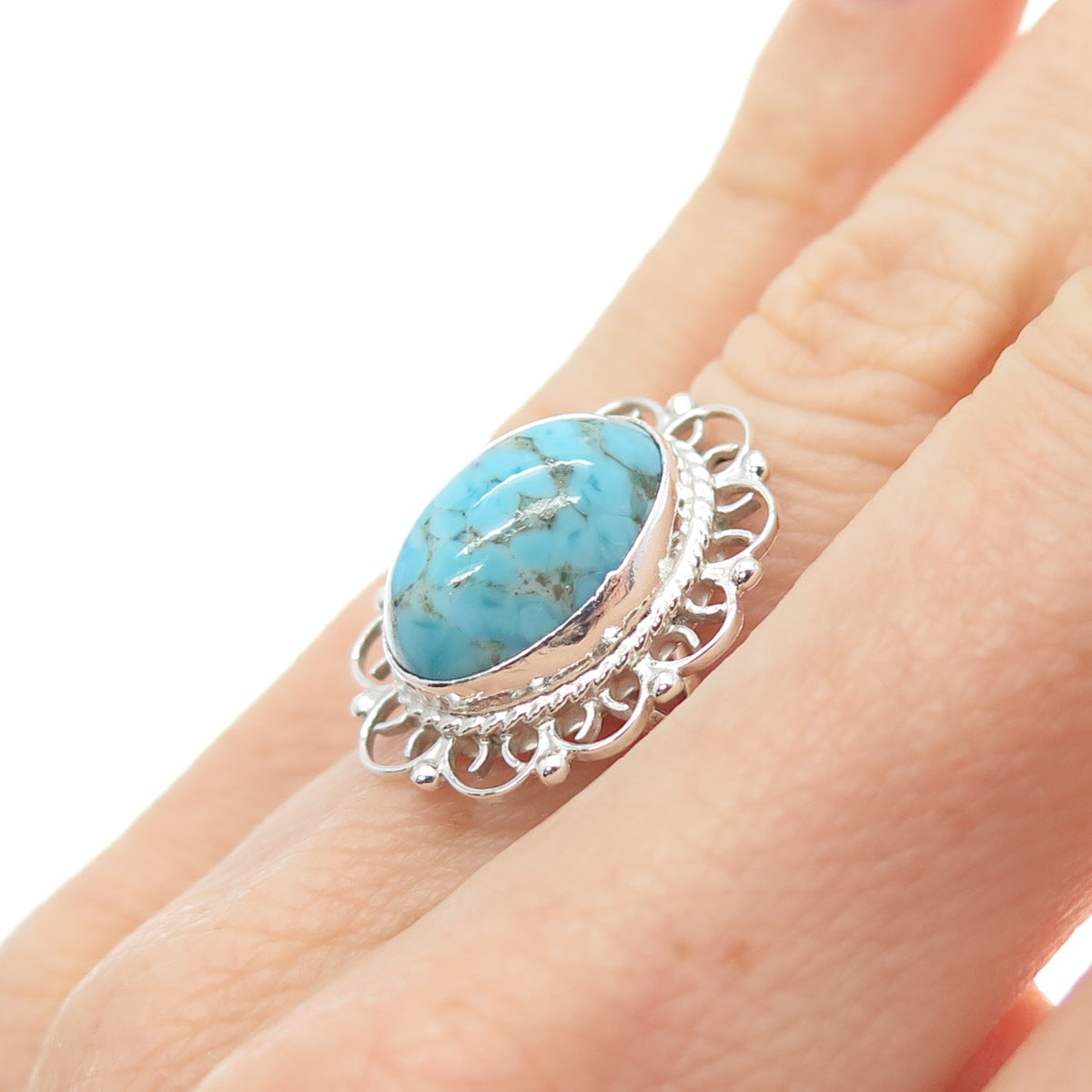 925 Sterling Silver Vintage Faux Turquoise Filigree Flower Ring Size 5