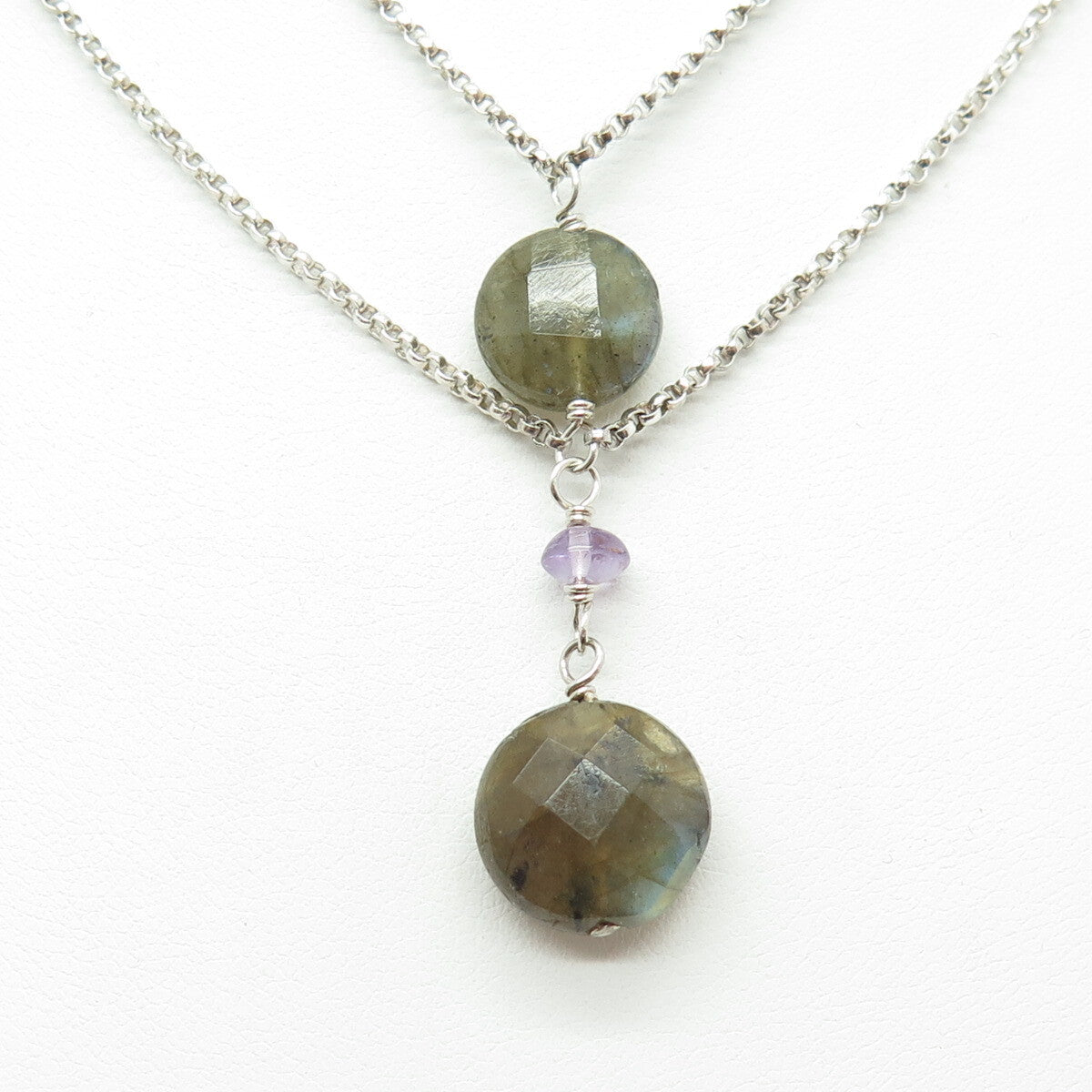 925 Sterling Silver Vintage Labradorite & Amethyst Double Chain Necklace 16-18"