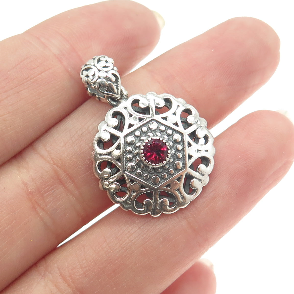 BERIA 925 Sterling Silver Round-Cut Red Rhinestone Ornate Pendant