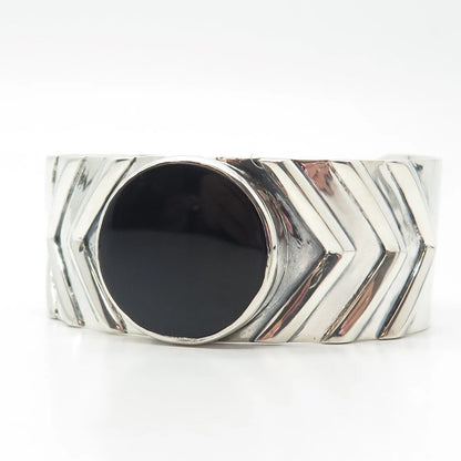 925 Sterling Silver Vintage Real Black Onyx Gem Geometric Cuff Bracelet 6.5"