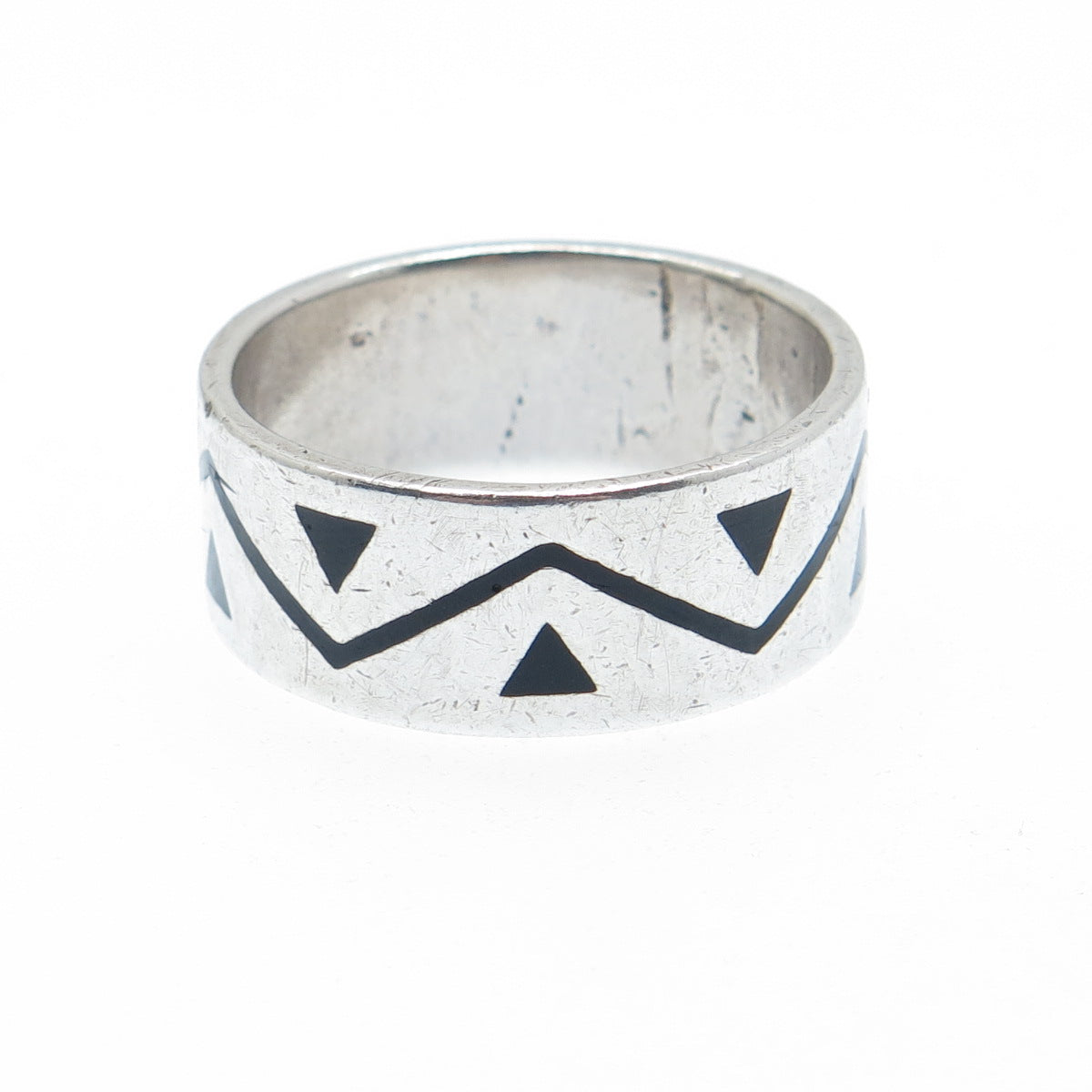 925 Sterling Silver Vintage Mexico Enamel Zig Zag Oxidized Band Ring Size 12.75