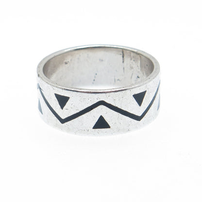 925 Sterling Silver Vintage Mexico Enamel Zig Zag Oxidized Band Ring Size 12.75