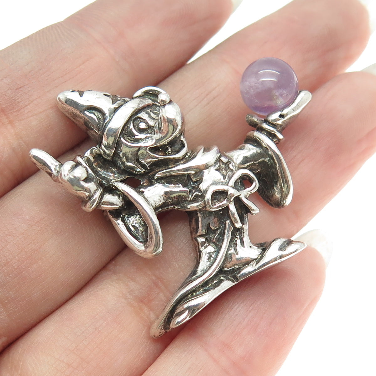 DISNEY 925 Sterling Silver Vintage Real Amethyst Gem Mickey Mouse Pin Brooch