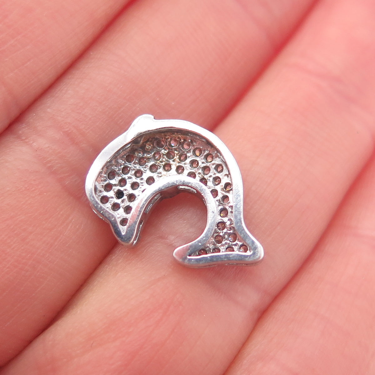 925 Sterling Silver Round-Cut Black & White C Z Dolphin Mini Slide Pendant