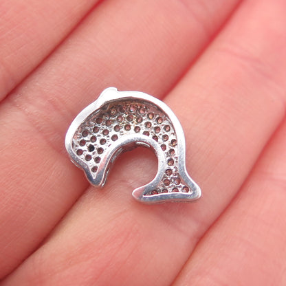 925 Sterling Silver Round-Cut Black & White C Z Dolphin Mini Slide Pendant