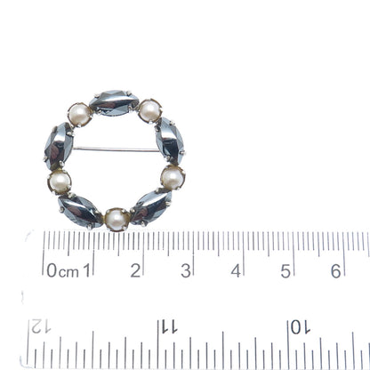 SORRENTO 925 Sterling Silver Vintage Real Hematite & Pearl Circle Pin Brooch