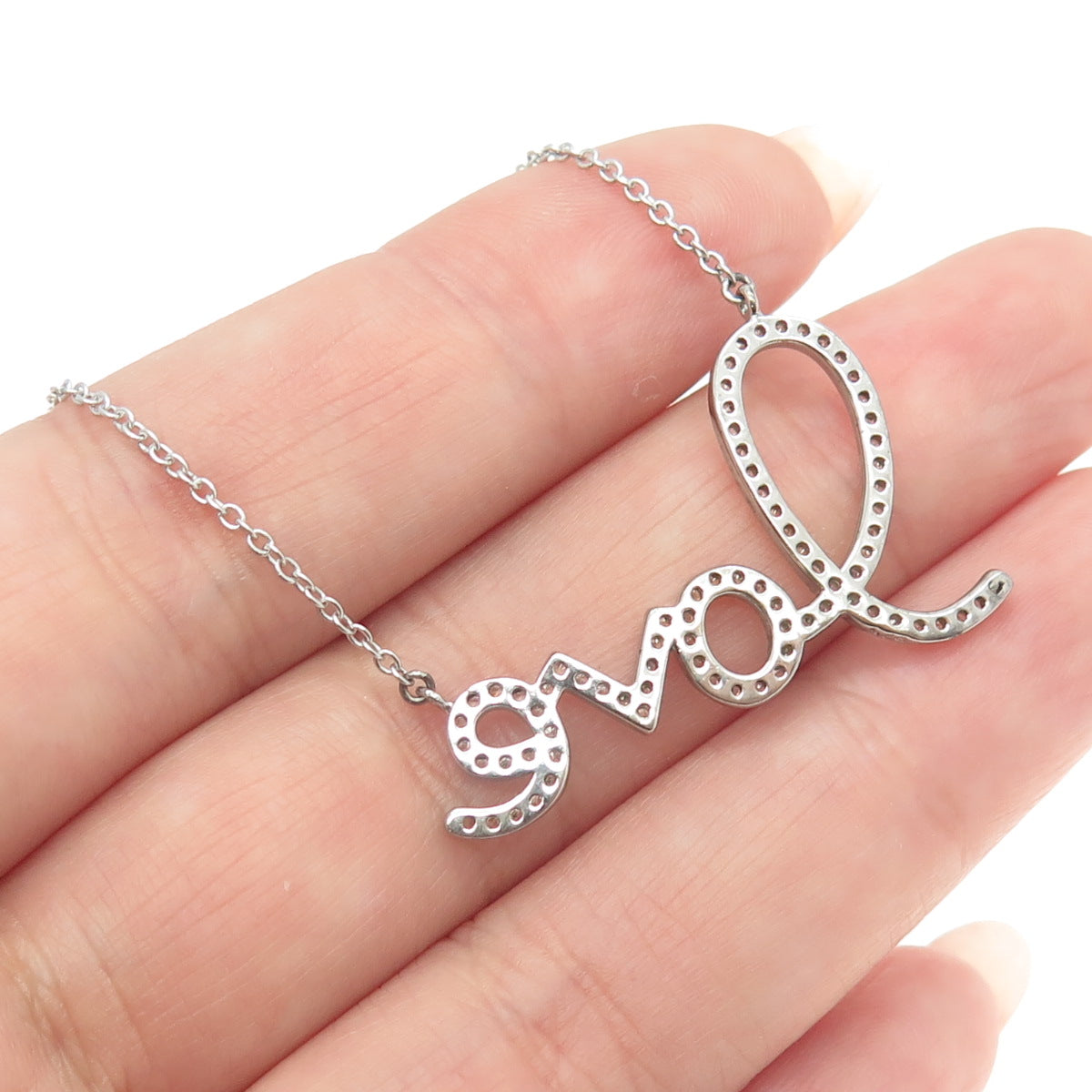 925 Sterling Silver Round-Cut C Z "Love" Cable Chain Necklace 18-20"