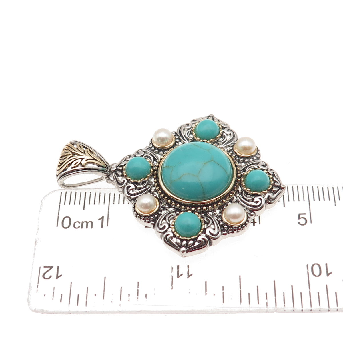 925 Sterling Silver 2-Tone Vintage Real Tyrone Turquoise & Pearl Pendant
