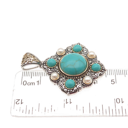 925 Sterling Silver 2-Tone Vintage Real Tyrone Turquoise & Pearl Pendant
