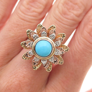 925 Sterling Silver 3-Tone Real Sleeping Beauty Turquoise Floral Ring Size 8