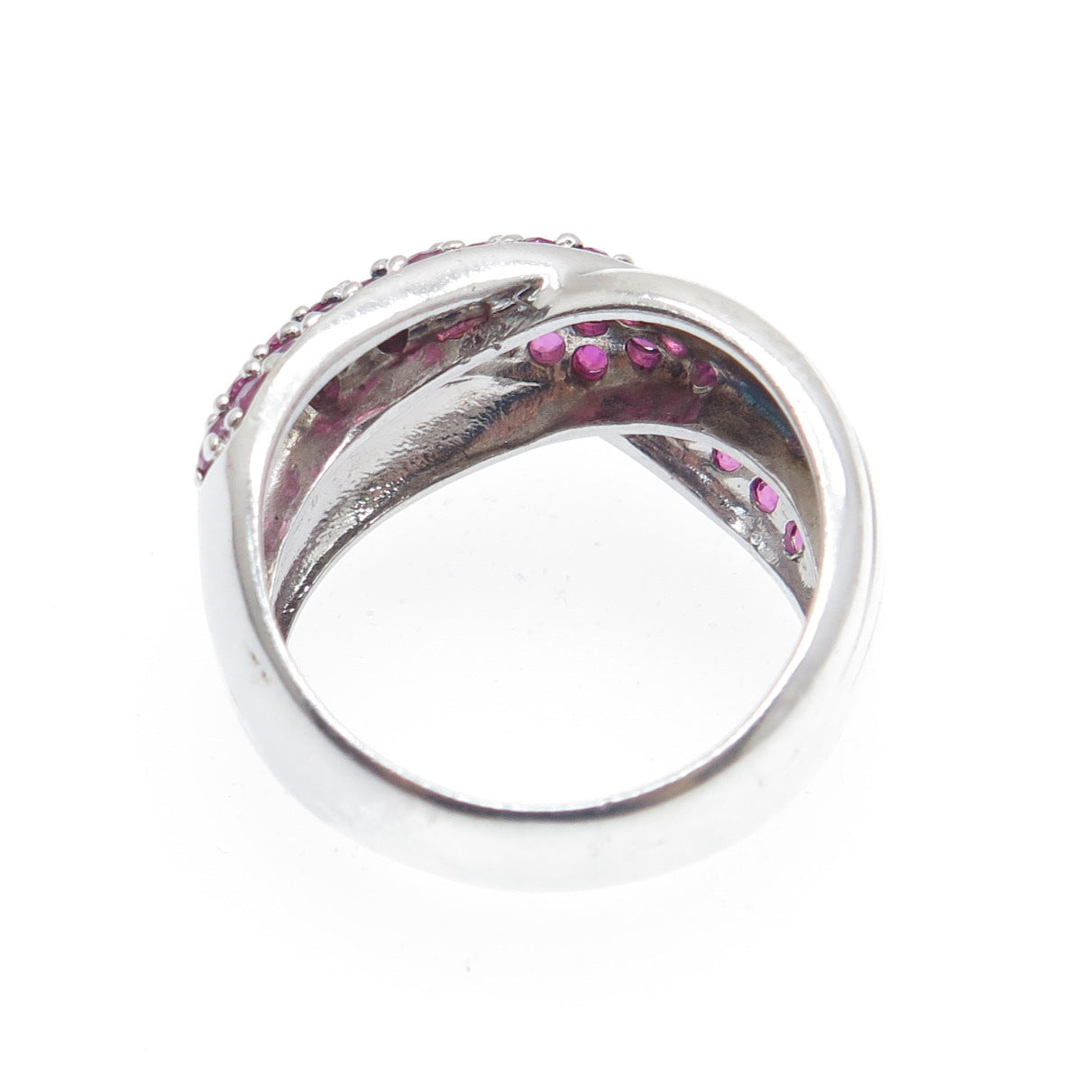 925 Sterling Silver Real Round-Cut Ruby Crisscross Ring Size 8.25